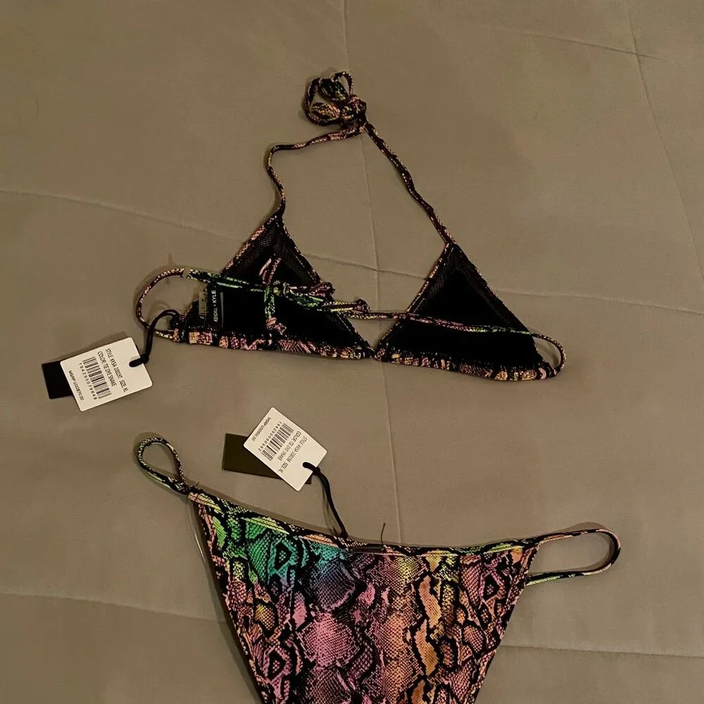 Kendall & Kylie Women's Mesh Trim Tie Dye Snake Triangle Bikini Set Size XL - Picture 3 of 5